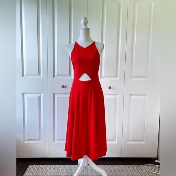 LULU’S Women’s Size Medium Red-Orange High Halter Neck Cut-Out A-Line Midi Dress - Picture 2 of 15